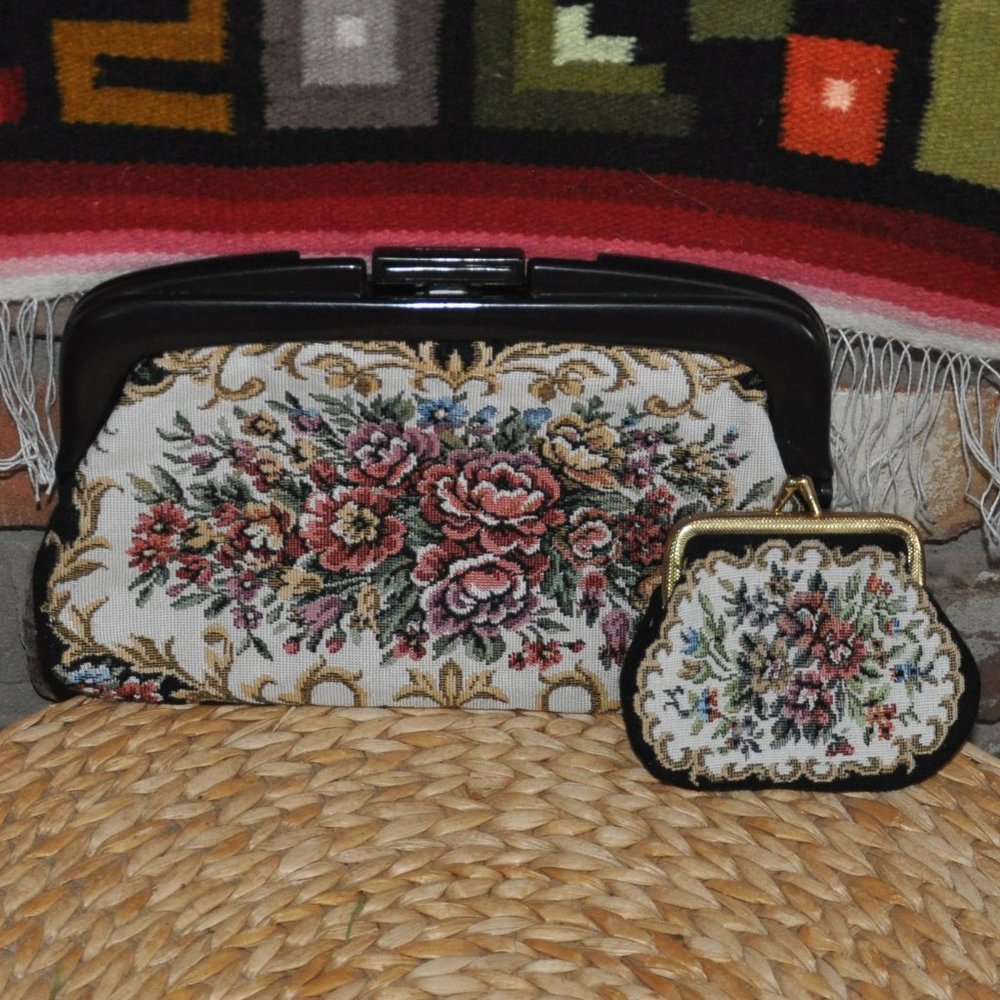80s Double Sided, Floral Rose Tapestry, Handbag, Purse with Matching Coin Purse